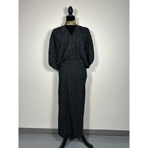 VTG 90s disco butterfly sleeves high neck maxi gold polkadot stretchy dress Sz 6